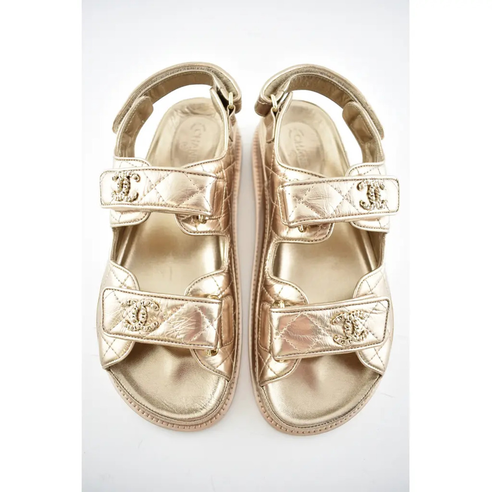 Chanel 21C Bronze Quilted Chain CC Logo Mule Slide Strap Flat Teva Dad Sandal 37 - Picture 7 of 12